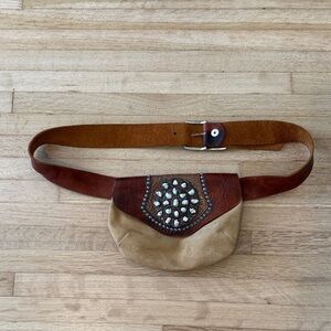 Vintage Brown and Tan Leather Belt Bag with turquoise Studded Design